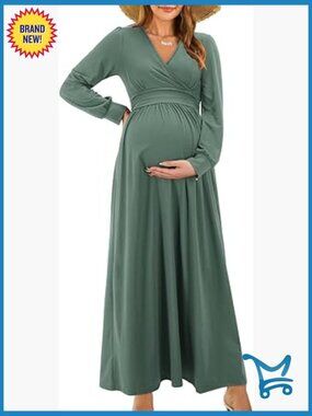 Fall Maternity Maxi Dress Long Sleeve Wrap V Neck for Photoshoot